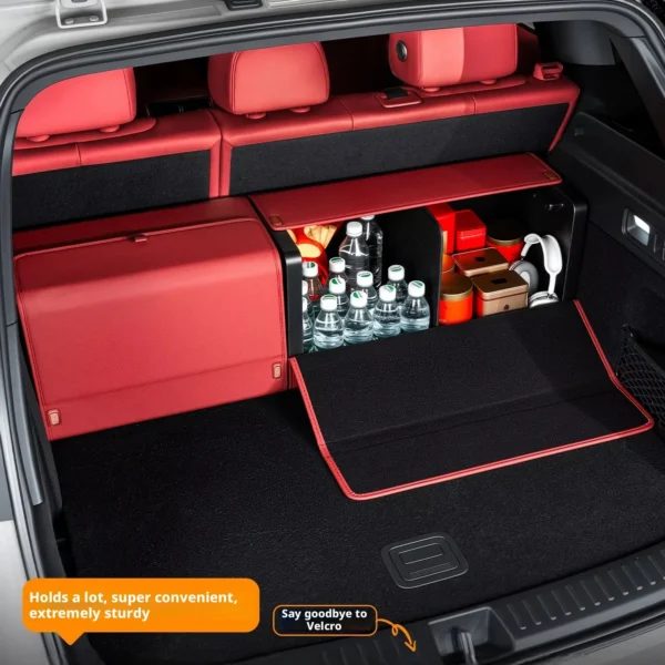 Mocha brown faux leather trunk organizer with compartments in an SUV cargo area