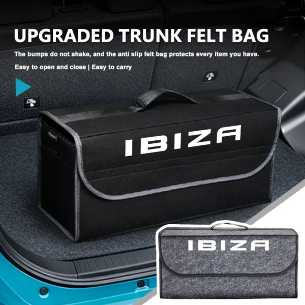 Grey felt car trunk organizer storage box with open top sitting in the trunk of a Seat hatchback