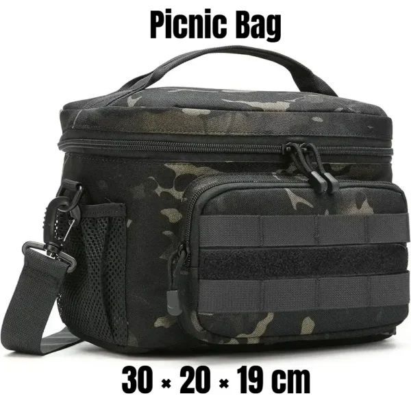 Green insulated picnic bag in waterproof Oxford cloth packed with food and drinks on the beach