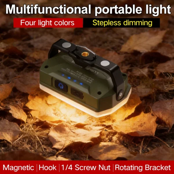 Portable camping spotlight shown in its compact rechargeable body with the lens facing forward