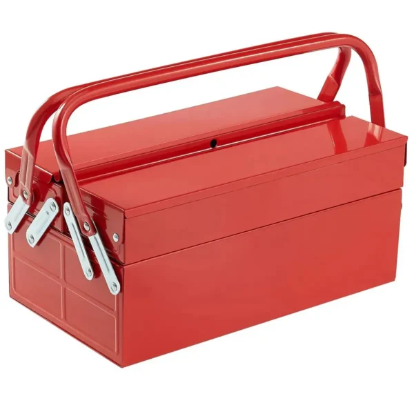 Metal cantilever tool box open with two trays fanned out above the bottom compartment