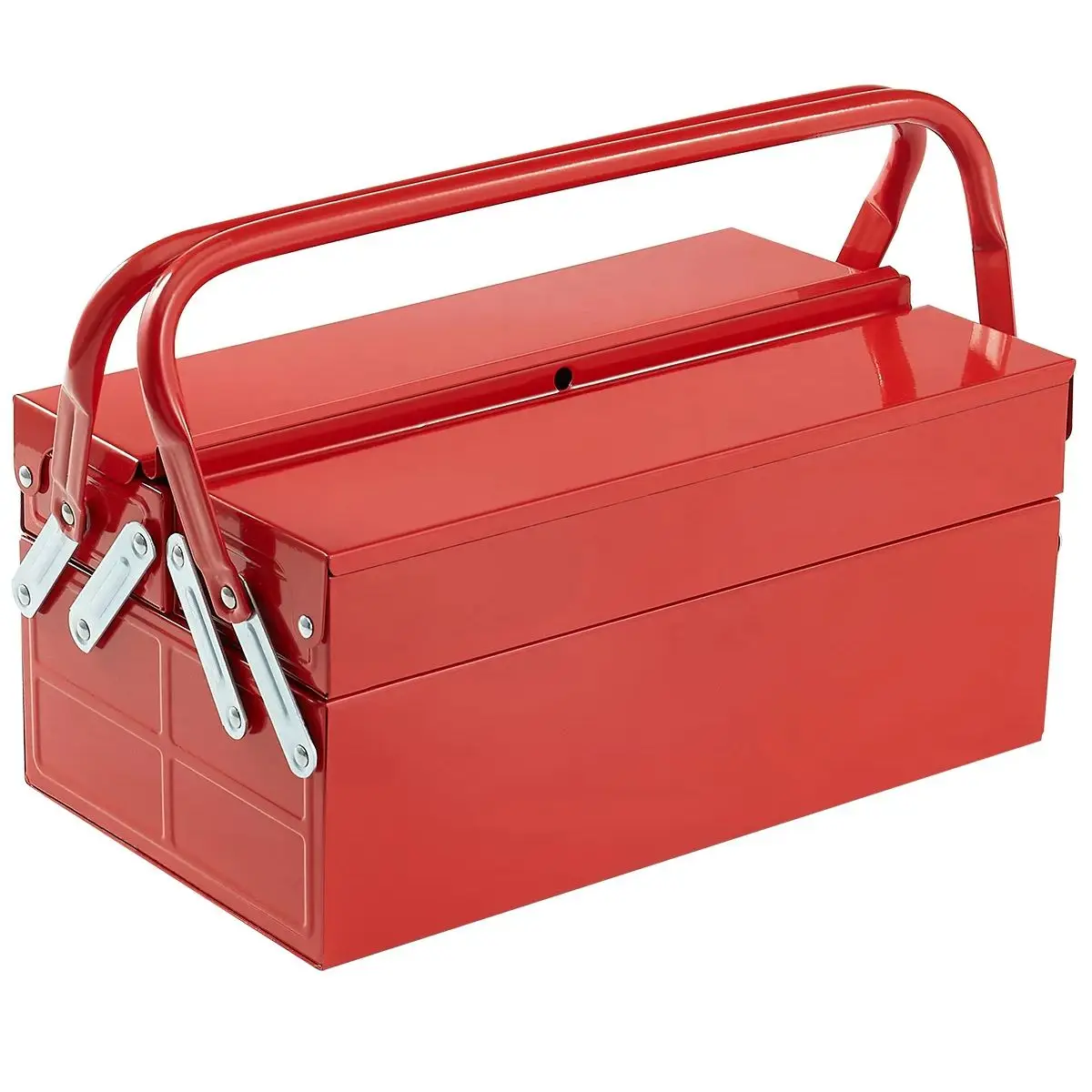 Metal Cantilever Tool Box 14 Inch 2-Tier with 3 Trays by SucceBuy 1 Metal cantilever tool box open with two trays fanned out above the bottom compartment