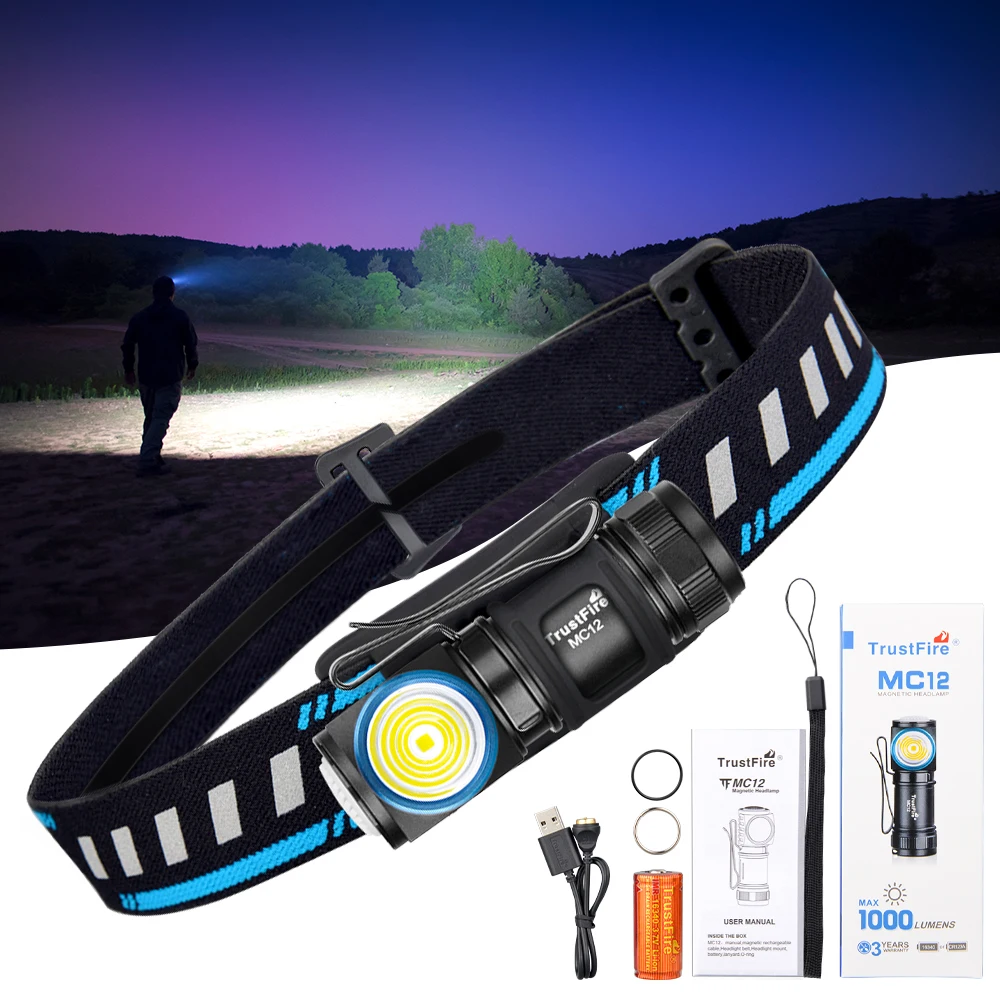 Magnetic Charging EDC Headlamp 1000 Lumen with Clip - TrustFire 1 TrustFire MC12 magnetic charging edc headlamp with pocket clip, headband mount and holster