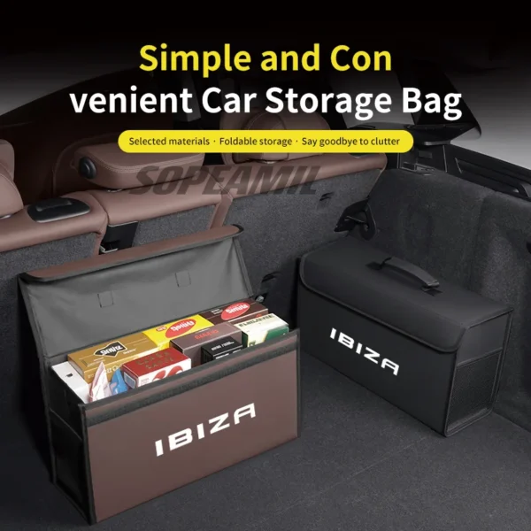 Carbon fiber trunk organizer in leather open in a car trunk with groceries and gear