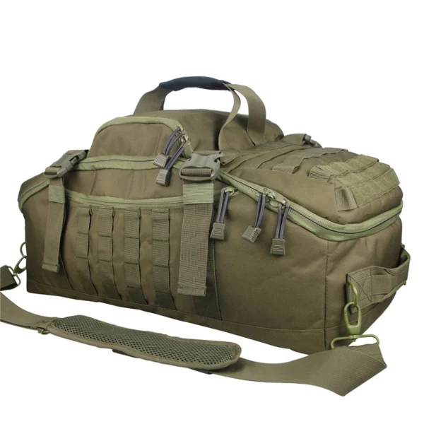 MOLLE camping backpack in OD green tactical style with webbing panels and compression straps