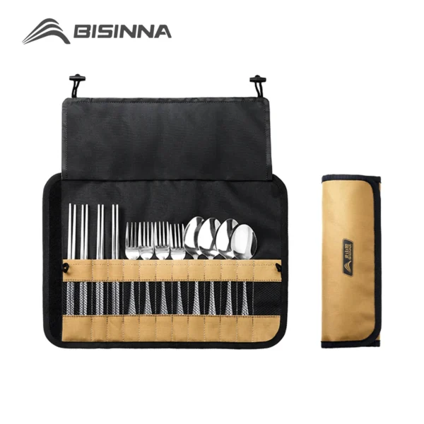 Camping cutlery set with stainless steel spoon, fork and chopsticks beside its Oxford storage bag