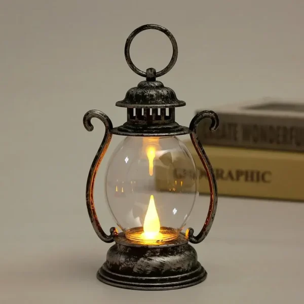 Retro pony lantern in bronze with a glowing LED candle inside, set on a party table