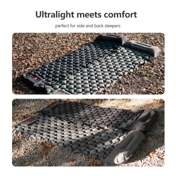 Navy foldable camping air pad inflated on grass beside its palm-sized carry bag and red valve