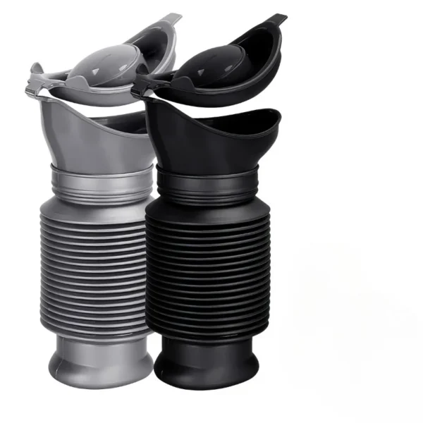 Collapsible urinal bottle with flip sealed lid in matte black, shown expanded
