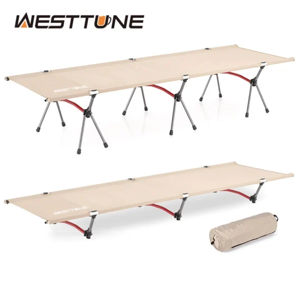 WESTTUNE ultralight camping cot in army green with aluminum legs set up inside a tent