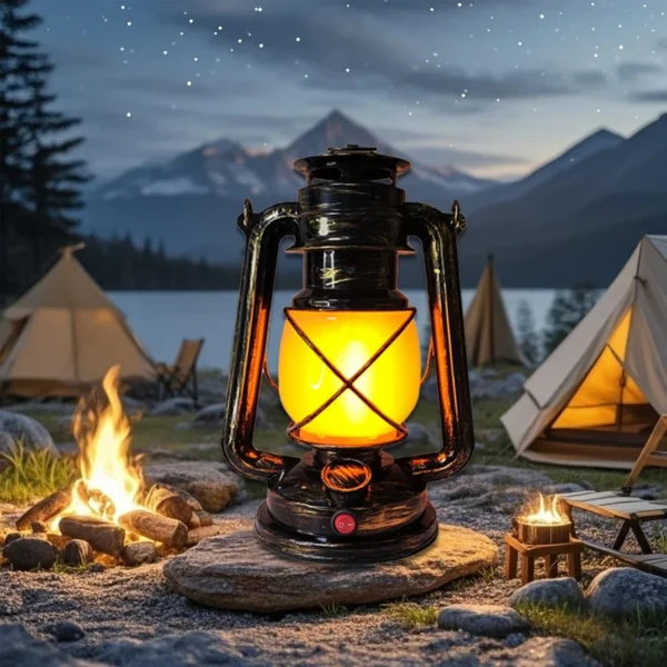Rechargeable horse lantern in antique bronze with an LED flame effect glowing inside