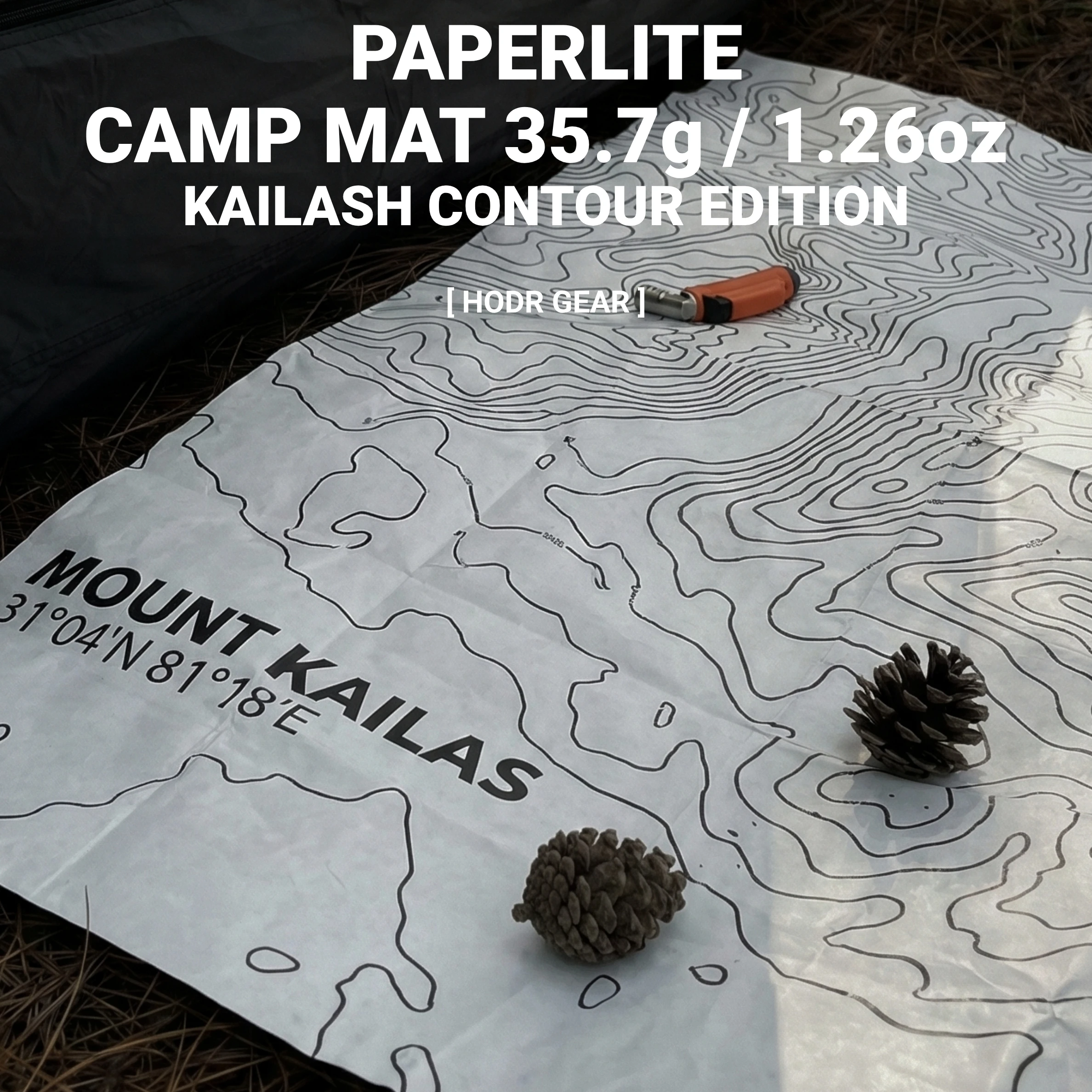 Ultralight Tent Vestibule Mat 35g Waterproof Ground Sheet 90x60cm 1 Ultralight tent vestibule mat with mountain contour print holding a backpack and shoes outside a tent