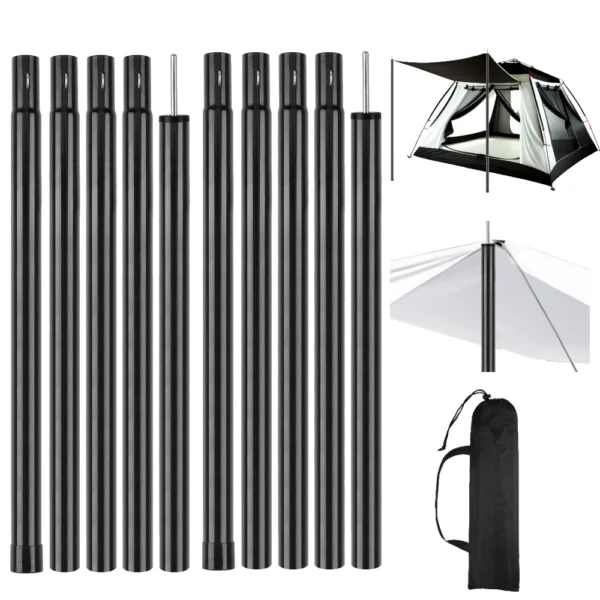 Telescopic tent poles holding up a tarp awning over a campsite picnic table