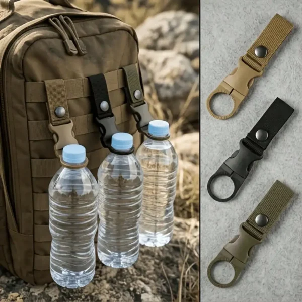 Water bottle carabiner clip holding a bottle on the strap of a hiking backpack