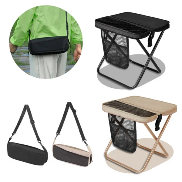 Folding backpack stool unfolded on grass next to its carry bag at a picnic area
