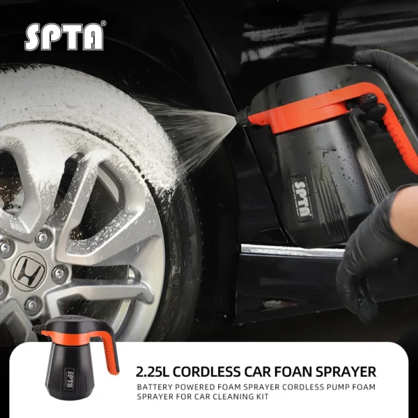 Battery powered foam sprayer with 2.25L tank covering a car door in thick foam