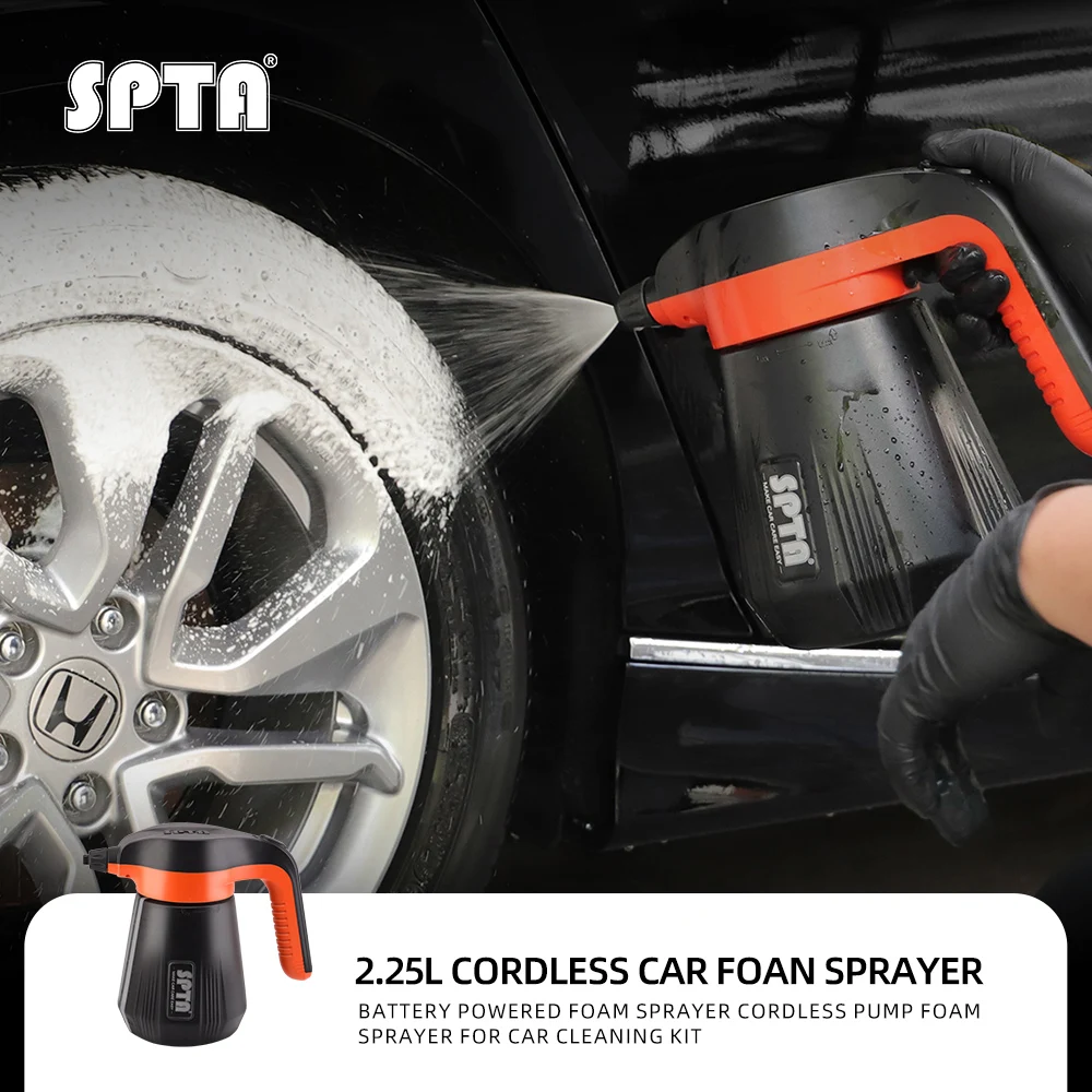 Battery Powered Foam Sprayer 2.25L Rechargeable Car Foamer SPTA 1 Battery powered foam sprayer with 2.25L tank covering a car door in thick foam
