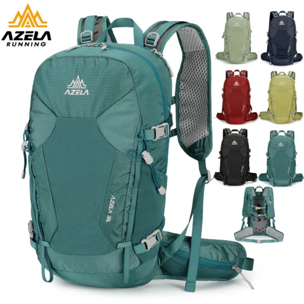 Helmet pocket hiking backpack in sky blue with front helmet pocket, side bottle pockets and reflective trim
