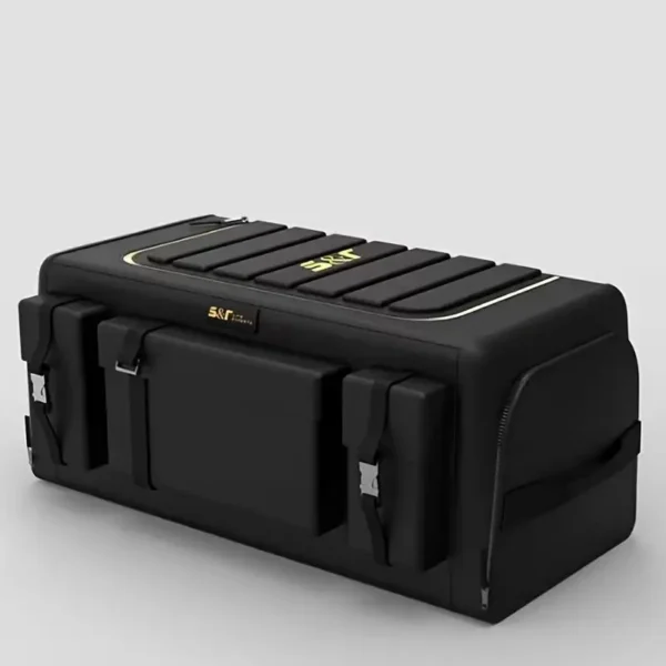 cut resistant trunk organizer in black 1680D Oxford with side pockets in an SUV trunk