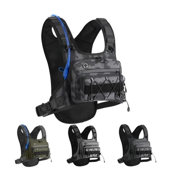 Tactical chest bag in green camo canvas worn on the chest with water bag tube showing