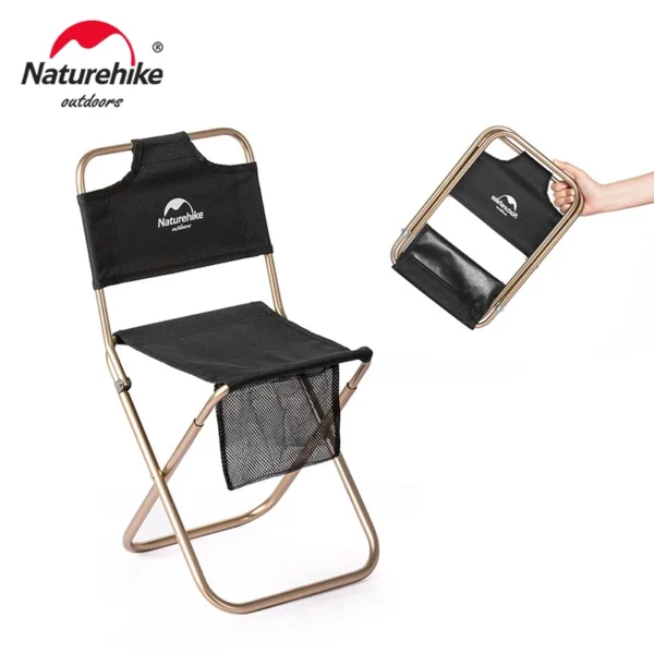 Naturehike ultralight beach chair in khaki set up on sand next to its mesh carry bag