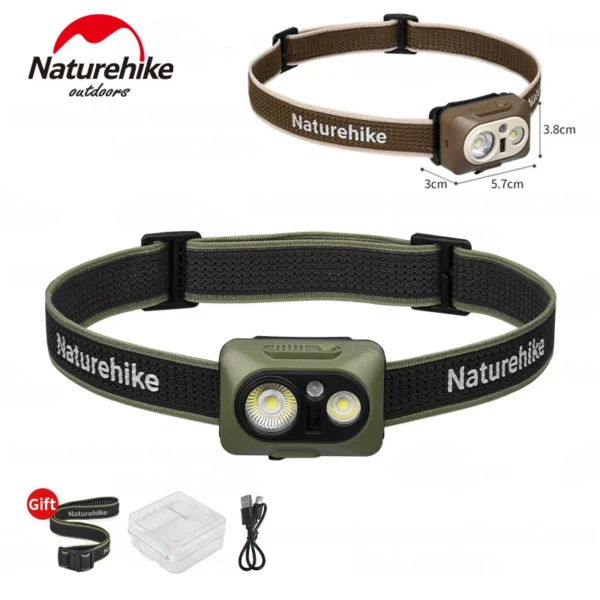 Naturehike ip66 ultralight headlamp in green with aluminum lamp body and woven webbing strap