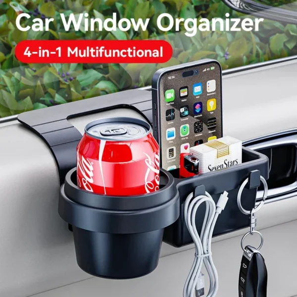 Car door window organizer slotted into a rear window gap holding a drink and phone