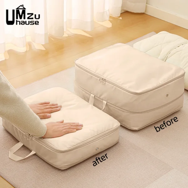 Large and small comforter compression bags with double zippers and handles, filled with bedding