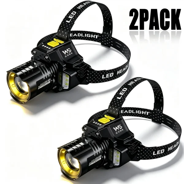 Motion sensor headlamp with LED spotlight and COB light strip on an adjustable headband