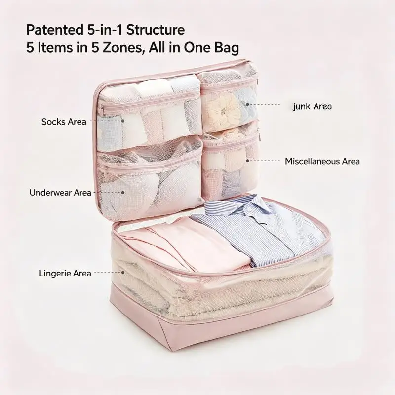 Multi Compartment Packing Cube, 5 in 1 with Mesh Window 4 Multi Compartment Packing Cube, 5 in 1 with Mesh Window - view 4