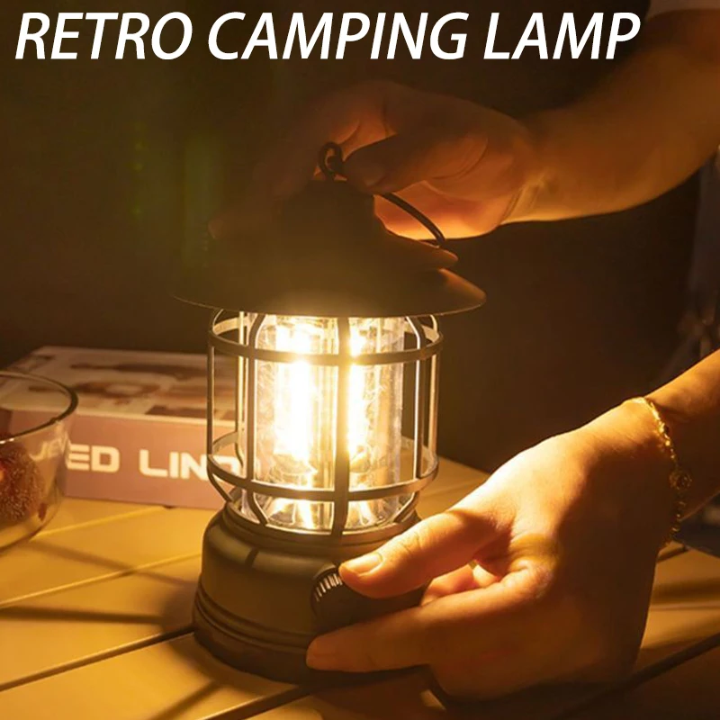 Retro Hanging Tent Lamp, USB Rechargeable, 1 or 2 Pack 1 Retro hanging tent lamp pair in black and green hanging from hooks with warm light