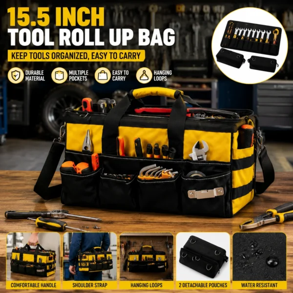 Green tool roll up bag opened to show wrenches, pliers and detachable pouches