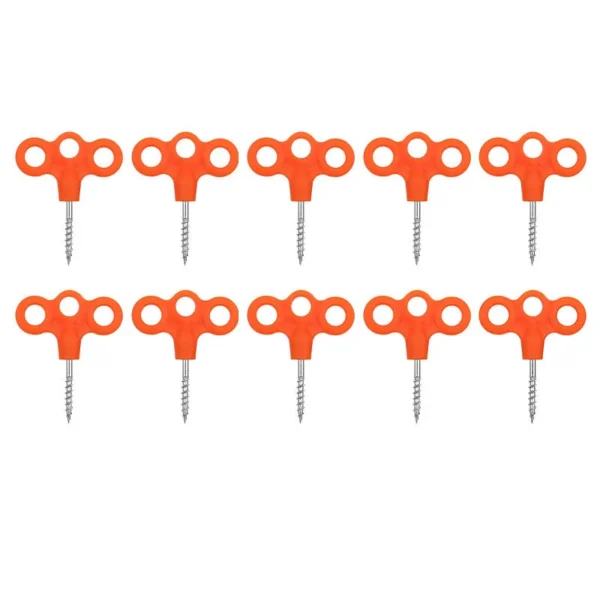 Deck nail tent pegs in orange fixed to a wooden camp platform holding tent guy ropes