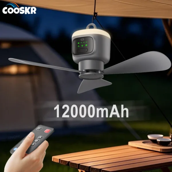 Camping ceiling fan with LED light hanging from the roof of a tent at night