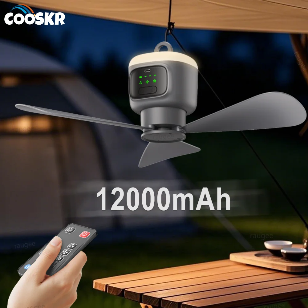 Camping Ceiling Fan 12000mAh Rechargeable with Remote and LED 1 Camping ceiling fan with LED light hanging from the roof of a tent at night