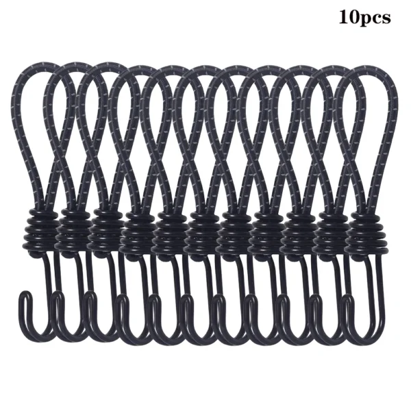 Tent elastic cord hooks in yellow securing a camping tarp grommet to a pole