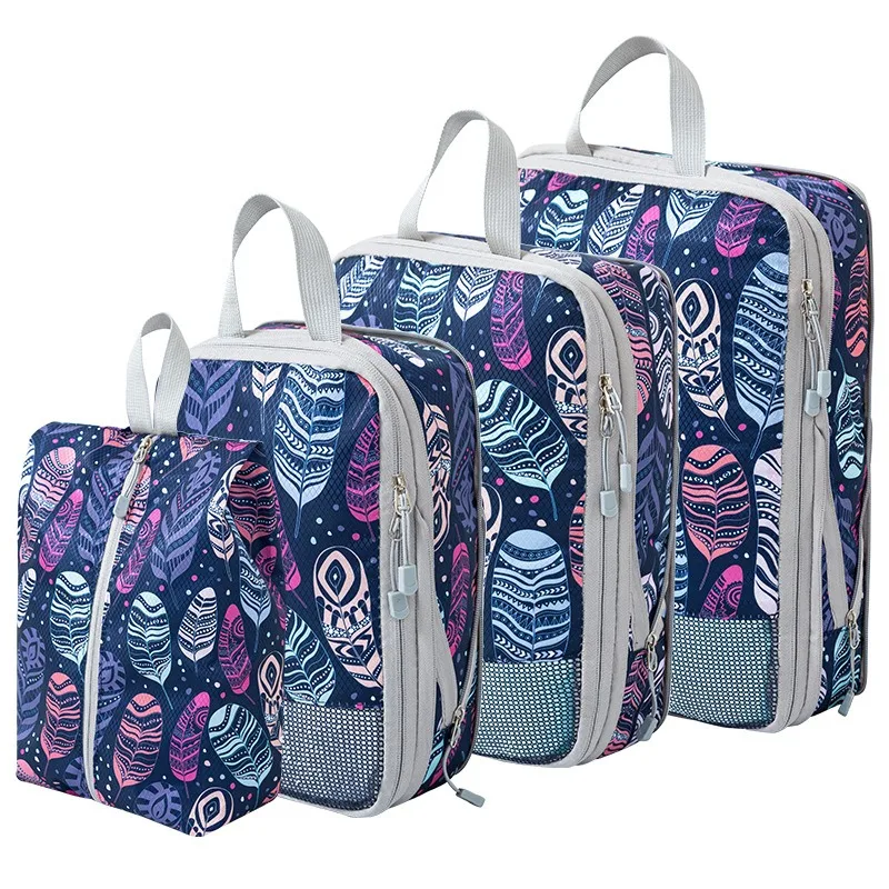 Patterned Zipper Compression Cubes, XL, L and M Nylon Set 1 Patterned zipper compression cubes in leopard print, XL, L and M sizes with mesh panels