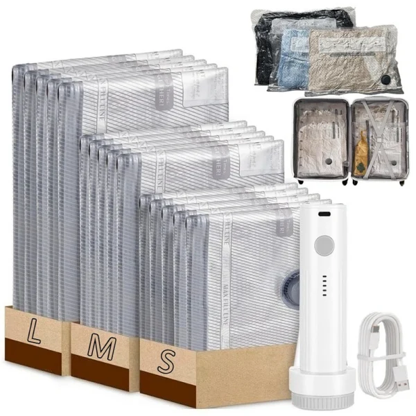 Electric pump vacuum bags compressed flat with clothes inside next to a small rechargeable pump