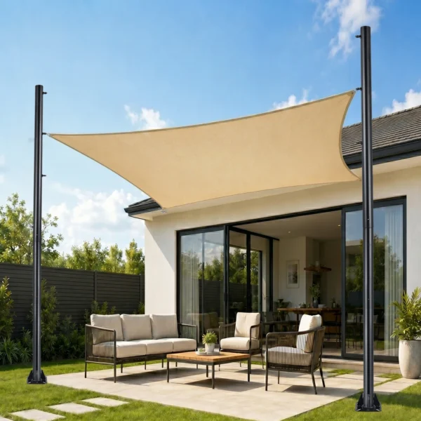 Two shade sail poles in galvanized steel holding a shade sail over a backyard deck