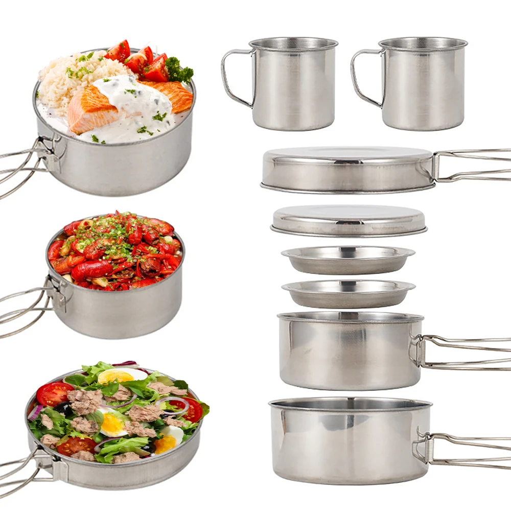 Stainless Steel Mess Kit 8 Piece Pots, Pan, Plates and Cups 2 Stainless Steel Mess Kit 8 Piece Pots, Pan, Plates and Cups - view 2