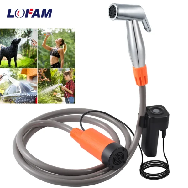 Cordless camping shower pump with 1.8m hose and shower head for outdoor rinsing