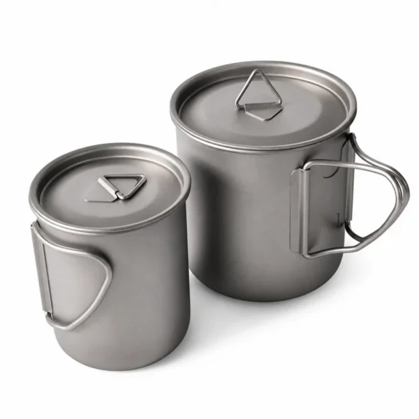 Titanium camping mug set with 300ml cup nested inside 600ml cup beside a mesh bag