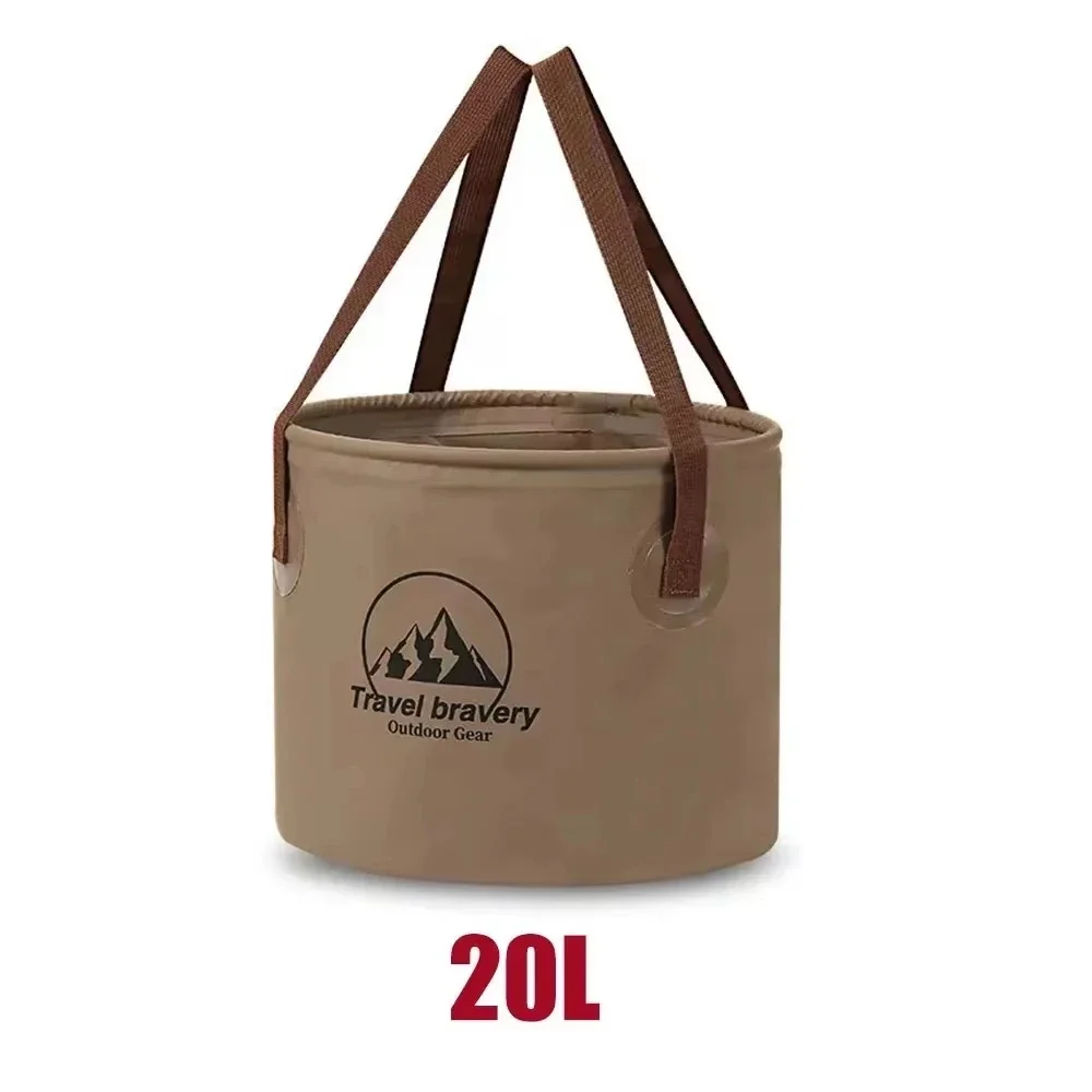 Collapsible Water Bucket 10L or 20L with Reinforced Handles 1 Collapsible water bucket filled with water beside its folded flat version at a campsite