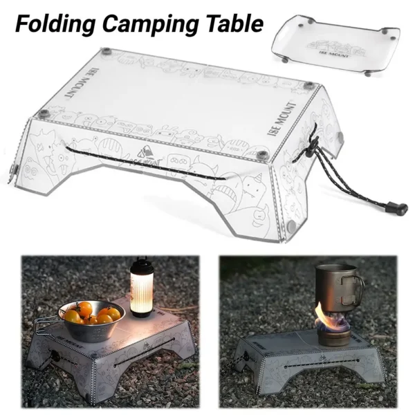 Ultralight folding camp table made of PP board holding a small stove and snacks outdoors