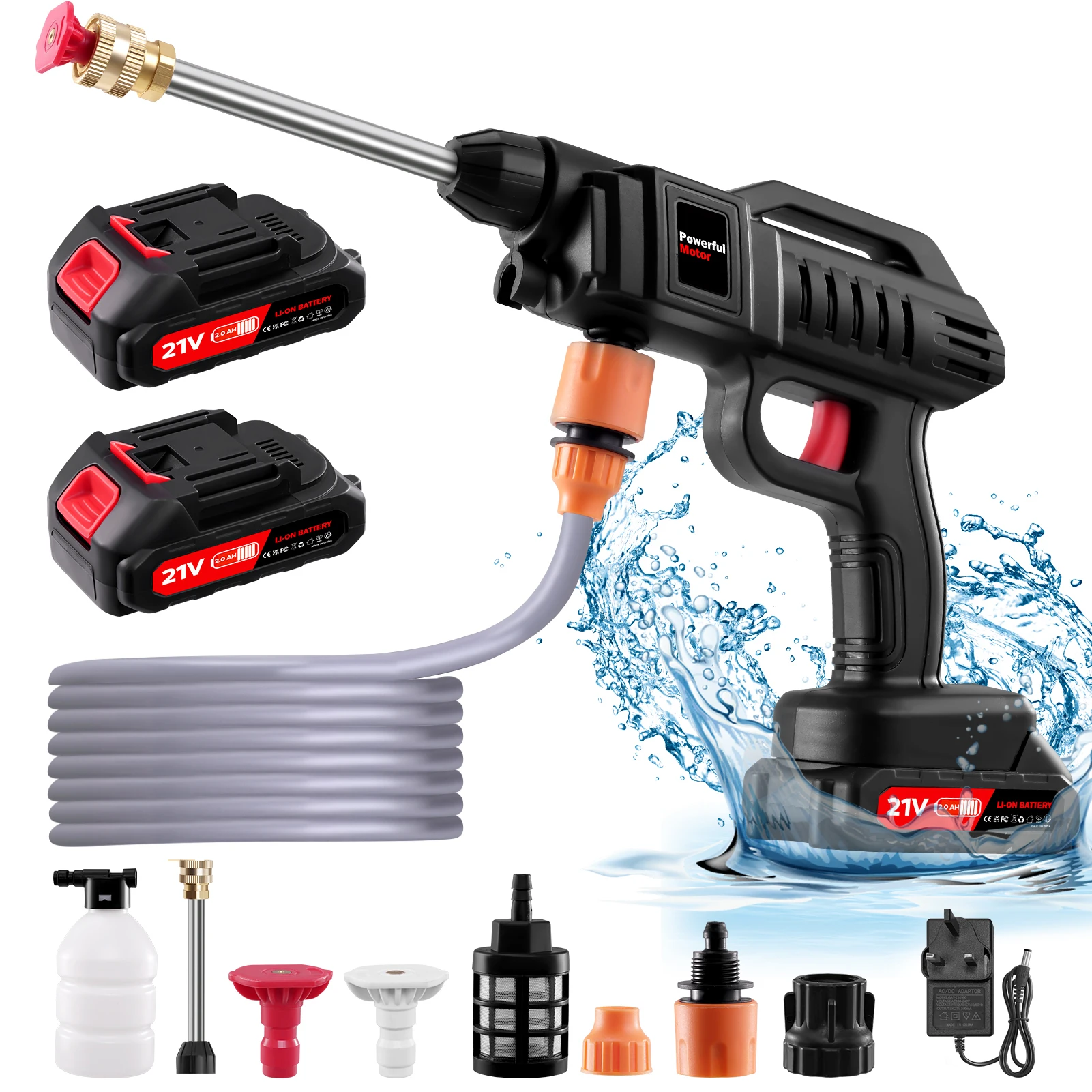 21V Cordless Pressure Washer 60 Bar with 2 Batteries and Foamer 1 21v cordless pressure washer with foam bottle spraying suds on a car door