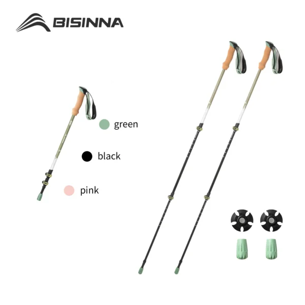 Cork grip trekking poles 2 pack in green with telescopic aluminum shafts and external lock buckles