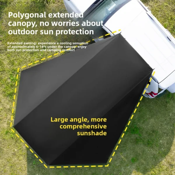 SUV side canopy in butterfly shape attached by suction cups to the side of a vehicle
