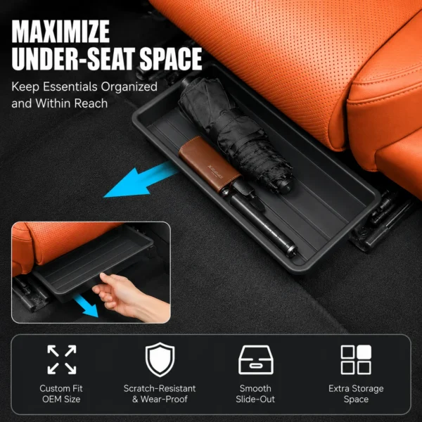 Under seat storage tray pulled out from beneath a car seat holding an umbrella and wallet