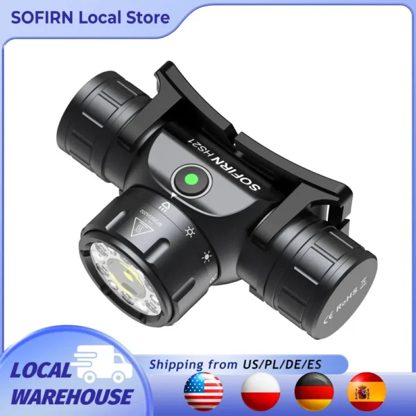 Spot and flood headlamp with T-shape aluminum body, rotary switch and red LEDs on a headband
