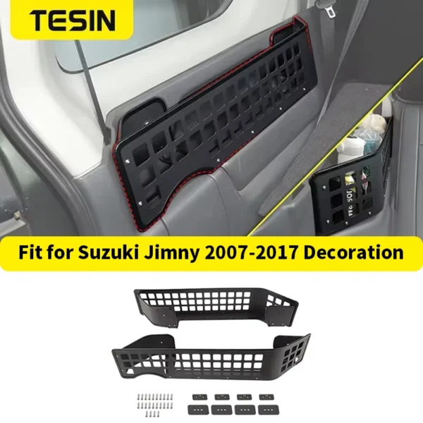 Black aluminum trunk side rack storage box mounted in the rear cargo area of a Suzuki Jimny
